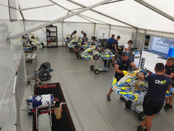 Team tent and kart preparation during the RMC International Trophy in Le Mans, France